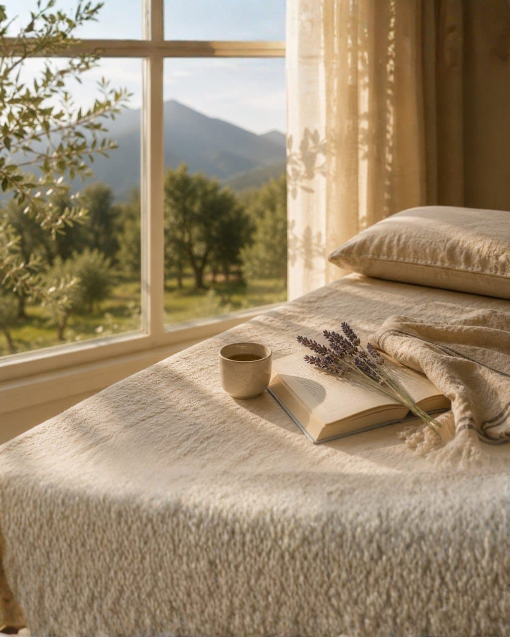A linen-covered bed with an open book, a cup of tea and dried lavender by a sunlit window
